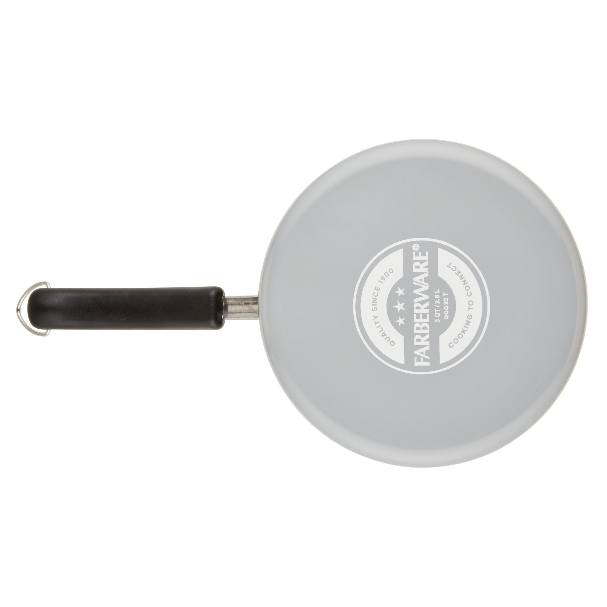Top view of a 3-Quart Recycled Aluminum Nonstick Straining Saucepan with a black handle, designed for eco-friendly cooking.
