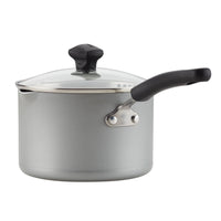 Introducing the Nonstick Saucepan with Straining Lid: a gray saucepan that features innovative DiamondMax nonstick technology, complemented by a black handle and a straining glass lid.