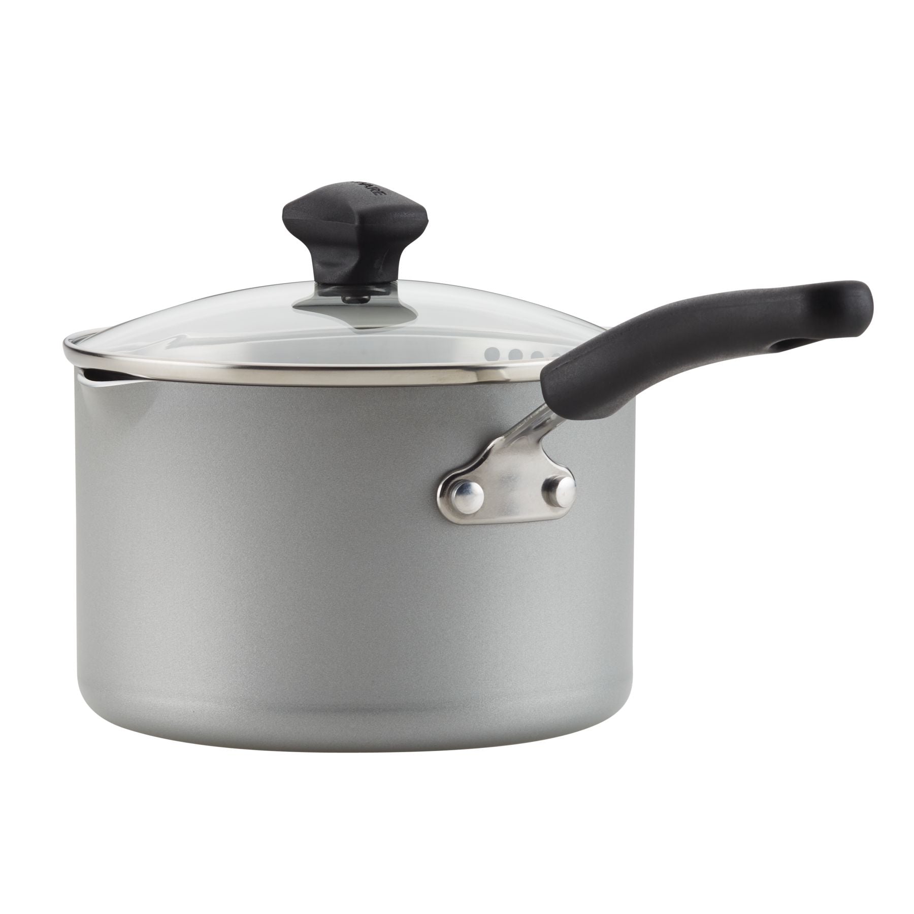 Introducing the Nonstick Saucepan with Straining Lid: a gray saucepan that features innovative DiamondMax nonstick technology, complemented by a black handle and a straining glass lid.