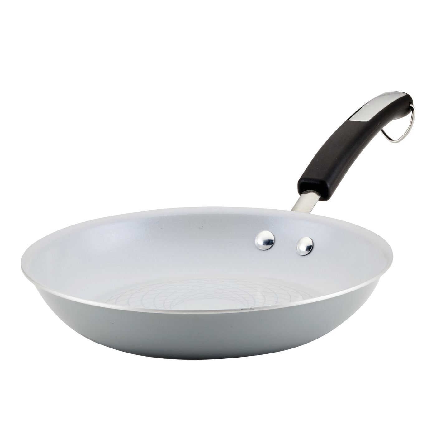 The 10-Inch Recycled Aluminum Ceramic Nonstick Frying Pan, designed in gray, includes a black handle and hanging loop. Additionally, it is dishwasher safe for convenient cleaning.