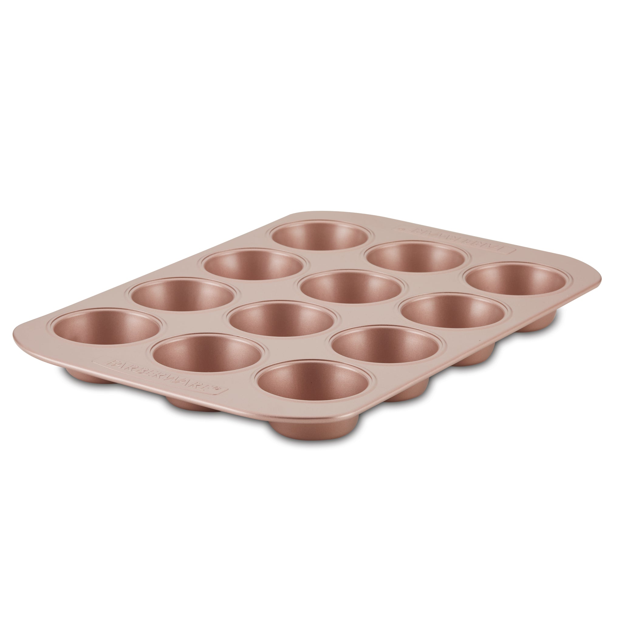 Muffin Pan in rose gold, a 12-cup baking tray ideal for chocolate chip cupcakes, displayed on a crisp white background.