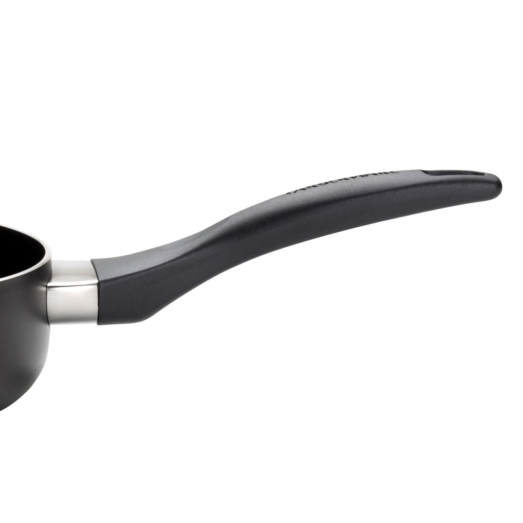 Experience the modern design of the sleek black handle on our 15-Piece Nonstick Cookware Set, expertly crafted from durable aluminum and showcased against a pristine white background.