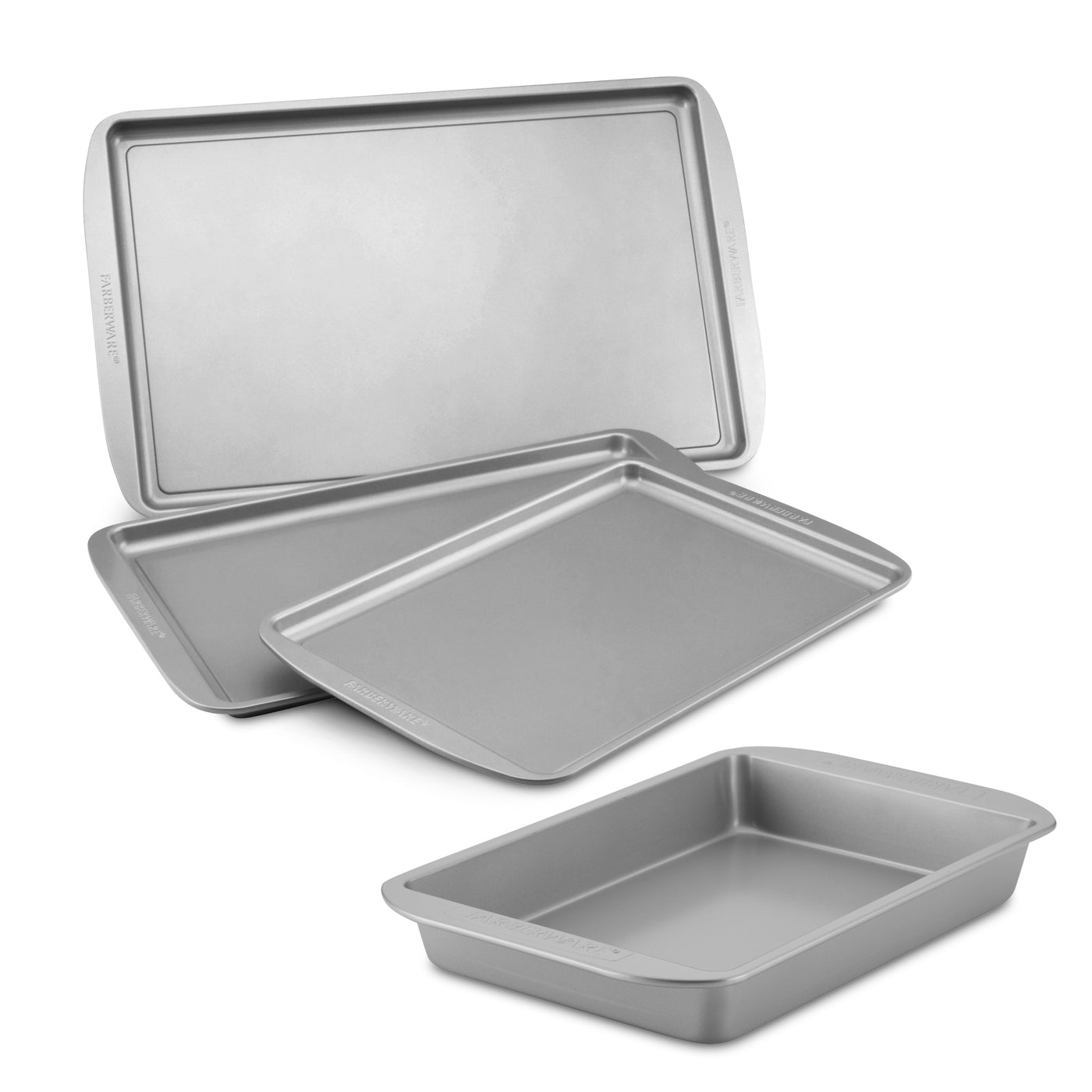 The 4-Piece Nonstick Cookie Pan and Cake Pan Set includes four silver pans in assorted shapes and sizes, equipped with a nonstick surface and safe for oven use to ensure effortless culinary creations.