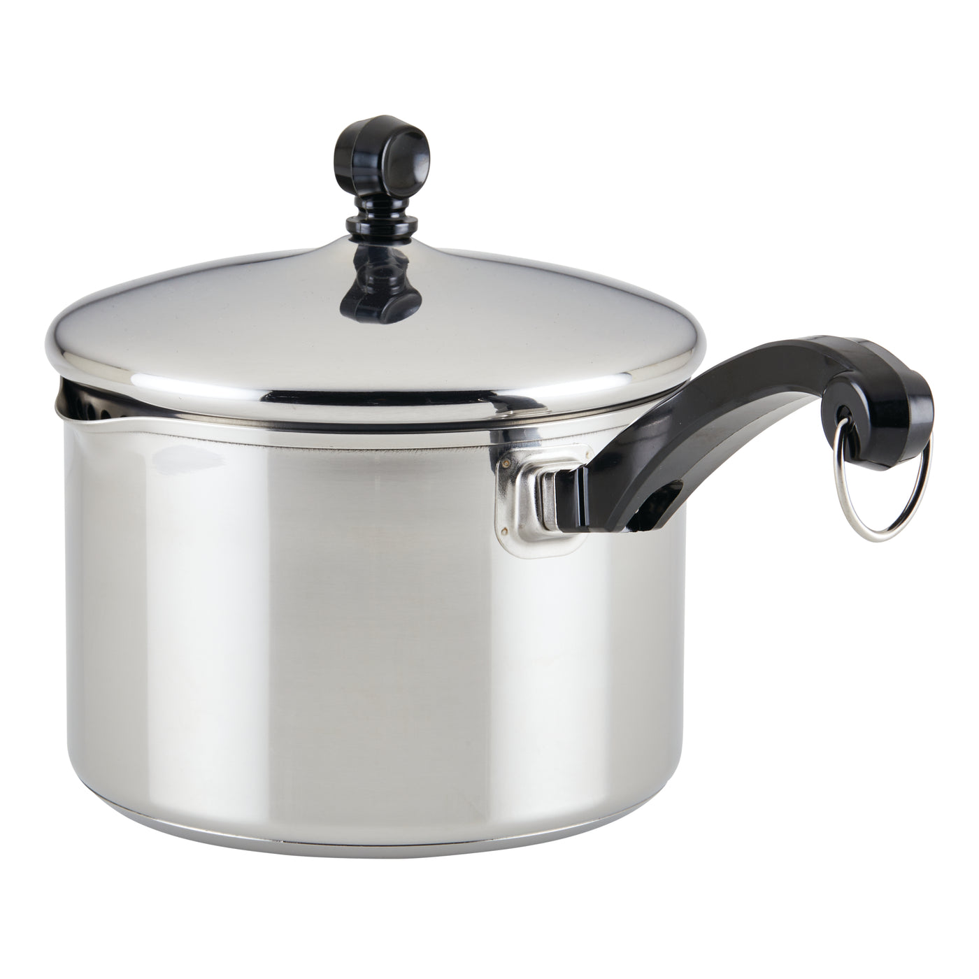 The Classic Series Stainless Steel 2-Qt. Covered Saucepan with Double Boiler Insert includes a self-basting lid and a modern black handle, offering efficient cooking with minimal effort.