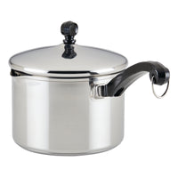 The Classic Series Stainless Steel 2-Qt. Covered Saucepan with Double Boiler Insert includes a self-basting lid and a modern black handle, offering efficient cooking with minimal effort.