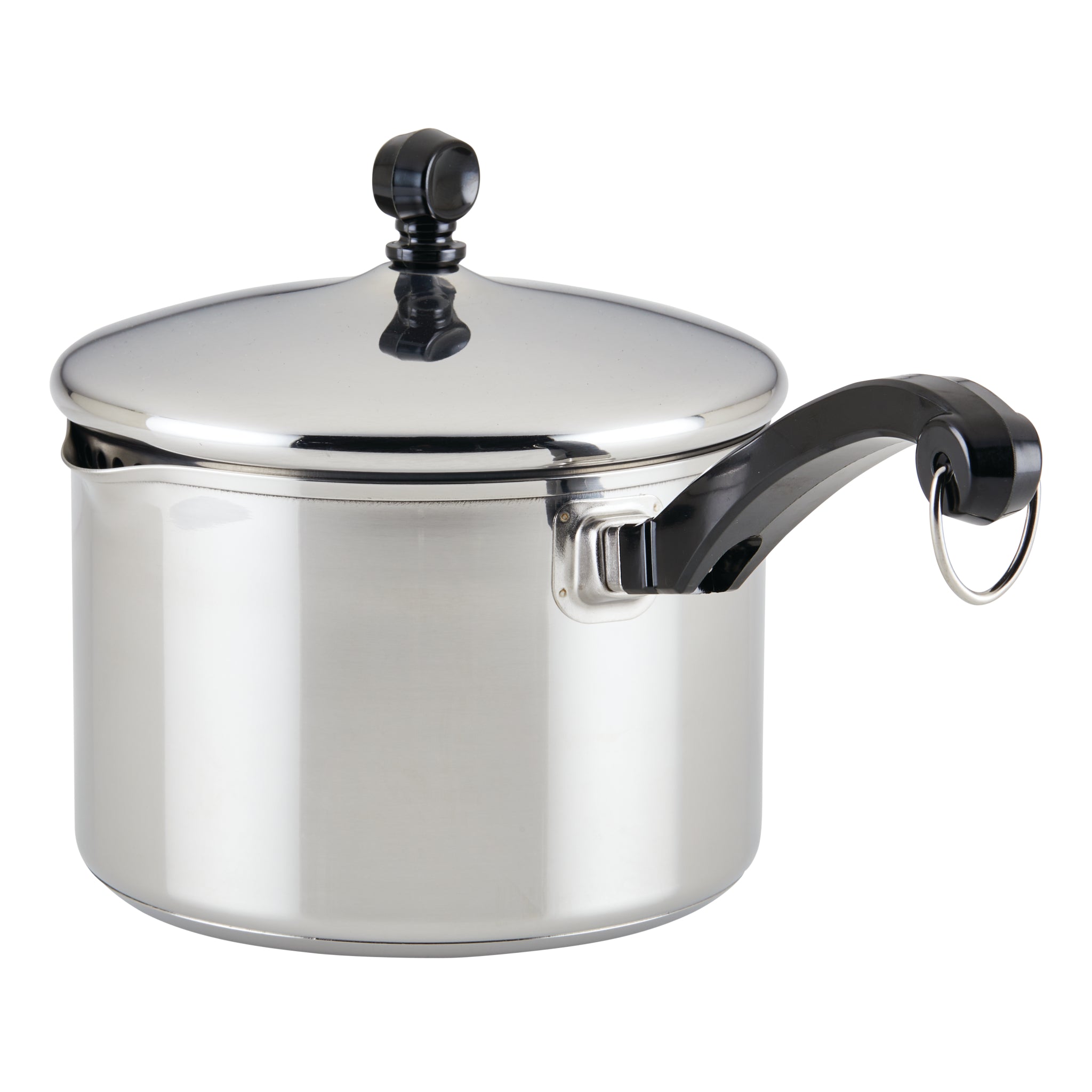 The Classic Series Stainless Steel 2-Qt. Covered Saucepan with Double Boiler Insert includes a self-basting lid and a modern black handle, offering efficient cooking with minimal effort.