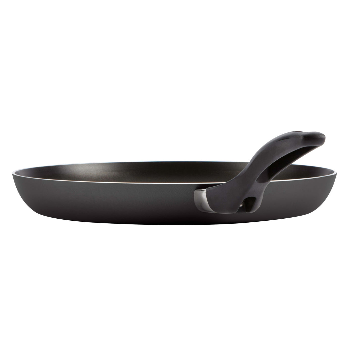 Part of the 15-Piece Nonstick Cookware Set, this stylish black frying pan is expertly crafted from aluminum and features a curved handle, beautifully presented against a crisp white background.