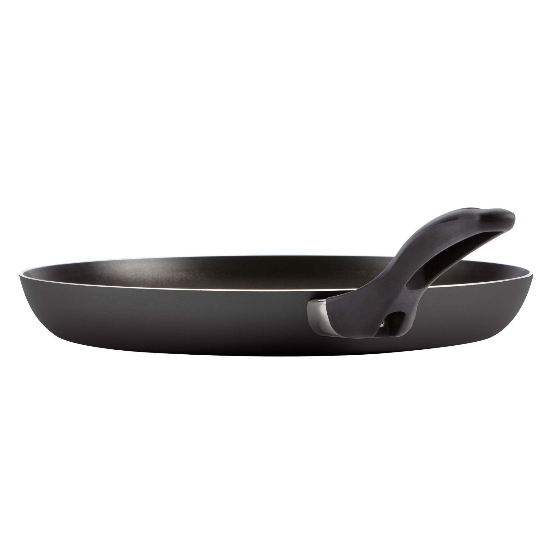 Part of the 15-Piece Nonstick Cookware Set, this stylish black frying pan is expertly crafted from aluminum and features a curved handle, beautifully presented against a crisp white background.