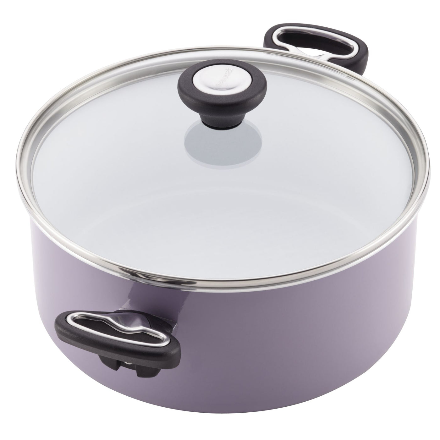 Part of the 12-Piece Nonstick Cookware Set, a durable purple pot featuring a glass lid and black handles is showcased elegantly against a white background.