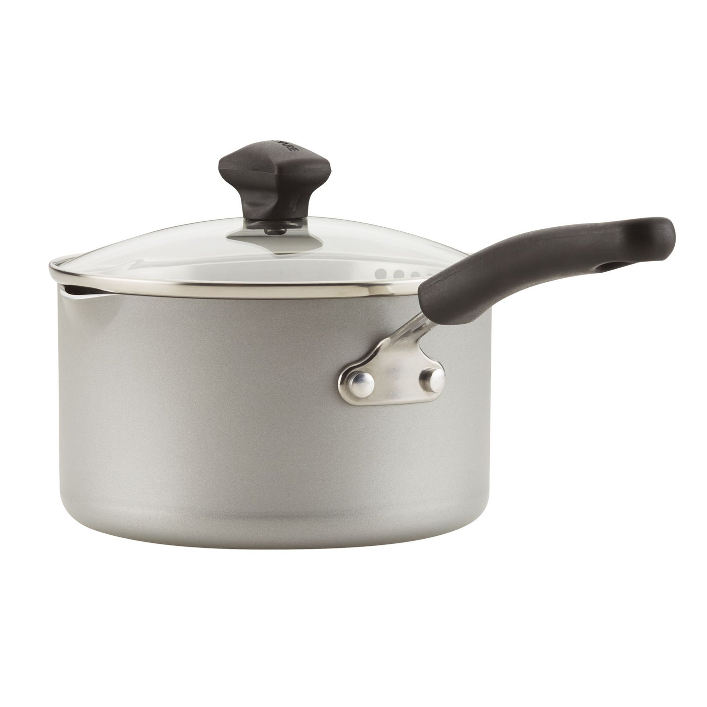 This is a gray Nonstick Saucepan with Straining Lid that showcases DiamondMax nonstick technology. It includes a glass straining lid and features a black handle, all set against a white background.