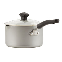 This is a gray Nonstick Saucepan with Straining Lid that showcases DiamondMax nonstick technology. It includes a glass straining lid and features a black handle, all set against a white background.