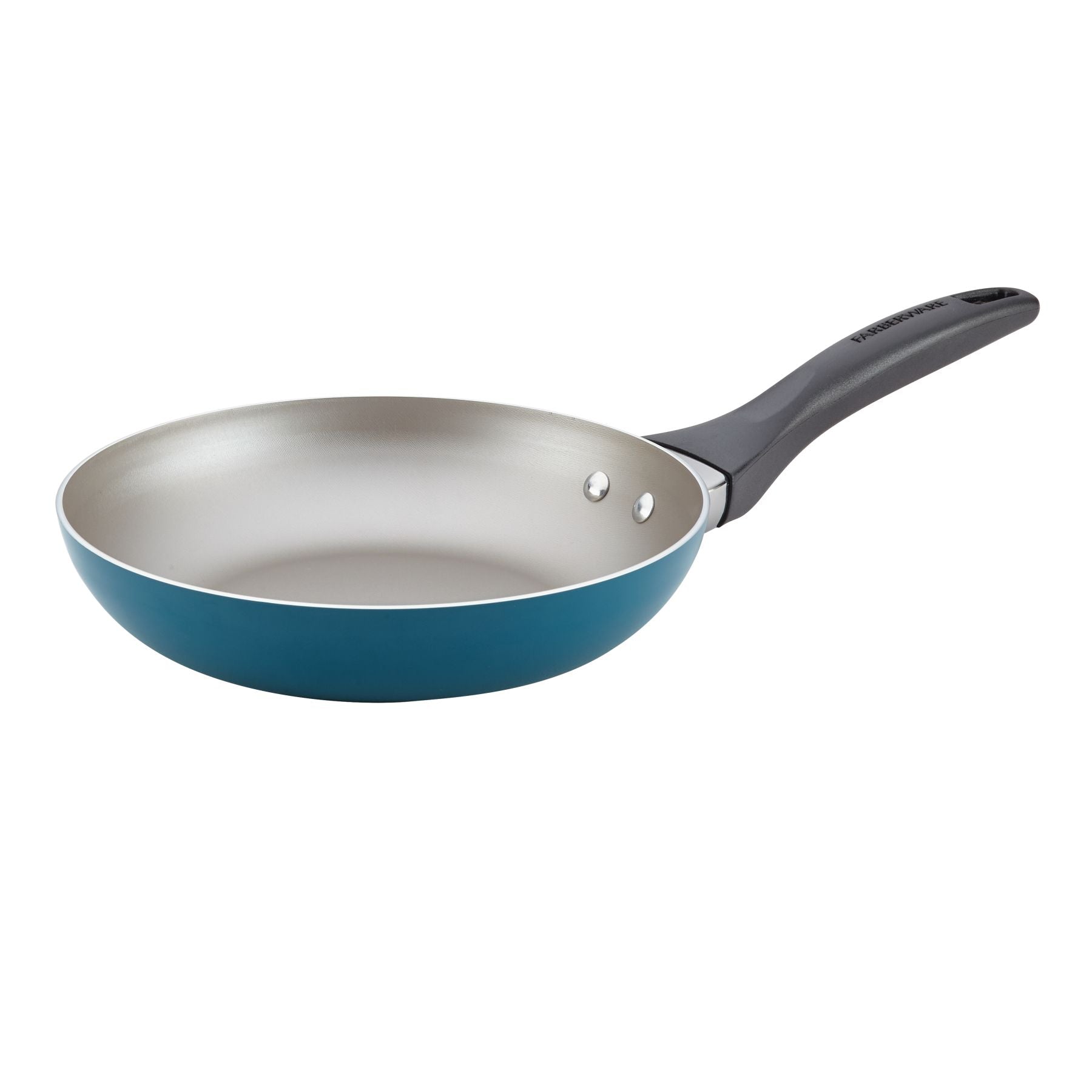 Part of the 15-Piece Nonstick Cookware Set, a sophisticated teal frying pan with a black handle, made from premium aluminum, is displayed against a pristine white background.