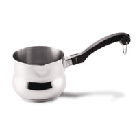 The Classic Series Stainless Steel 0.625-Qt. Butter Warmer features a black handle and is pictured against a white background, making it perfect for effortlessly warming butter. It's also dishwasher safe for easy cleaning.