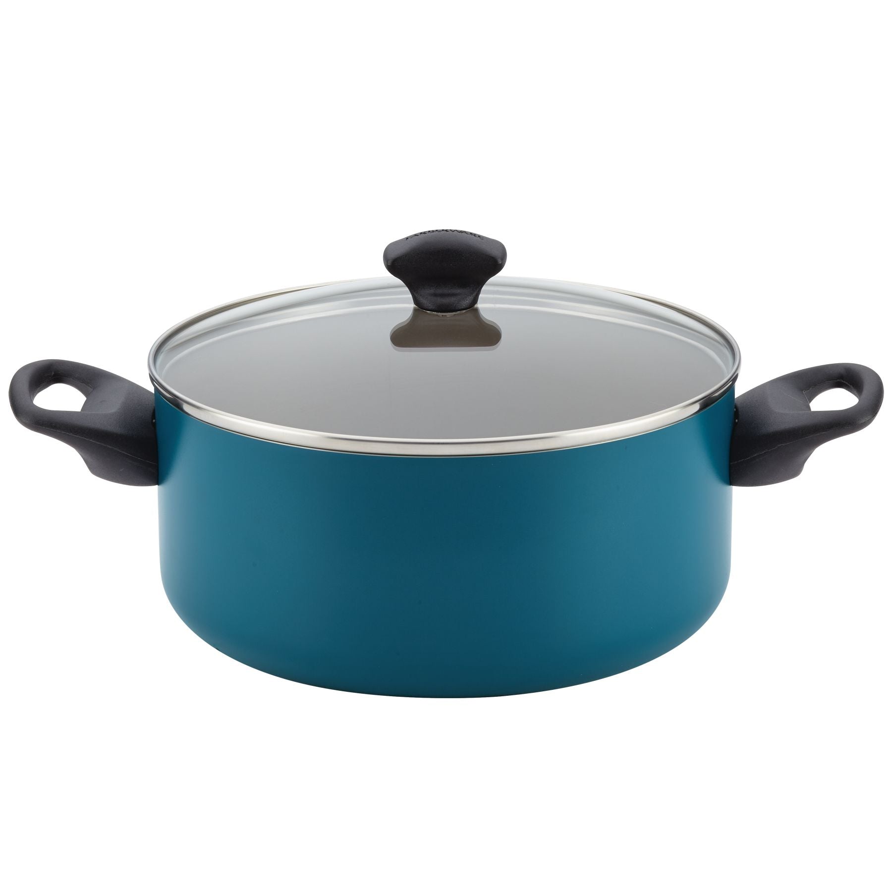Blue aluminum cooking pot from the 15-Piece Nonstick Cookware Set, featuring a nonstick coating, a glass lid, and black handles.