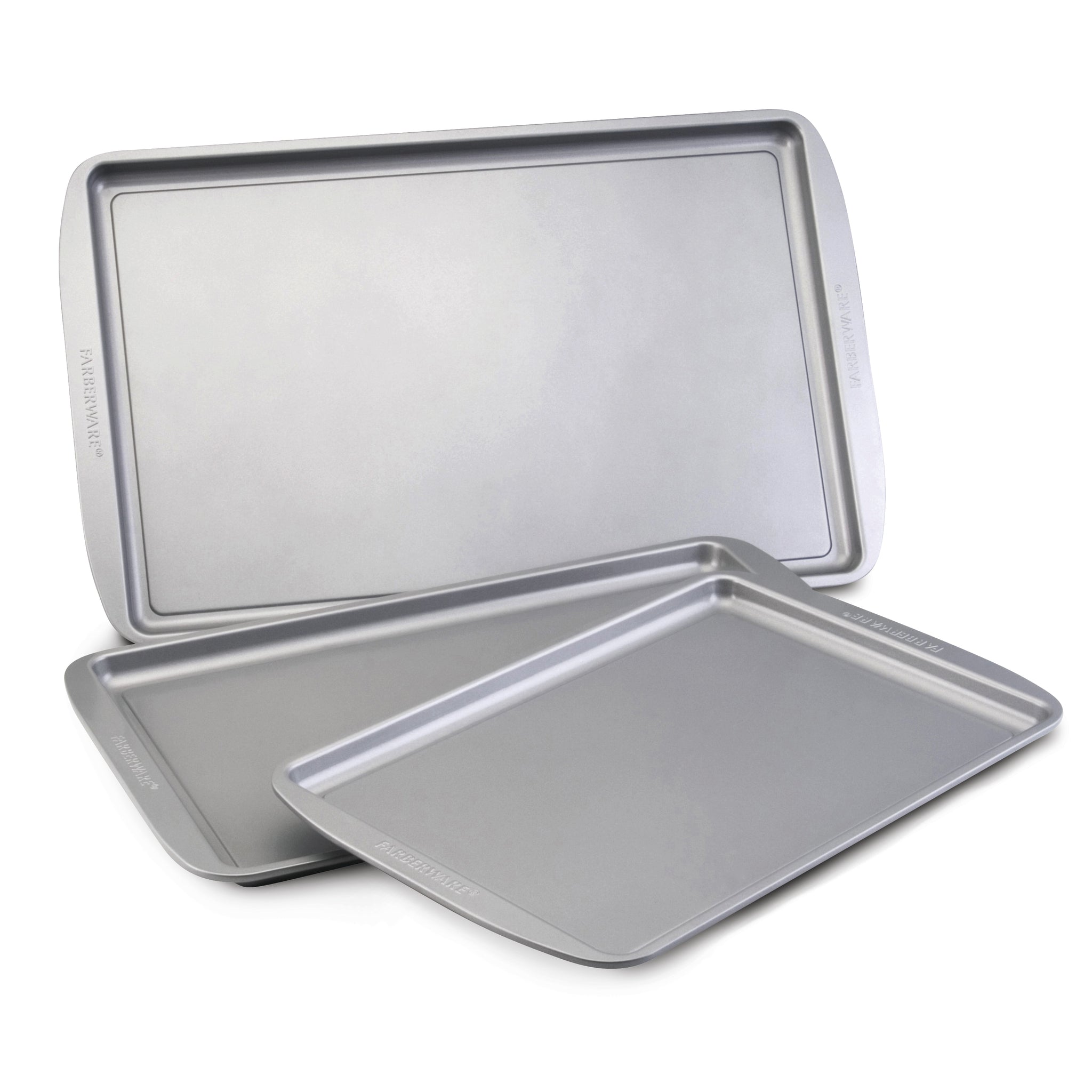 A stack of three pans from the 3-Piece Cookie Pan Set, with a heavy-duty construction and nonstick surface for effortless cleanup.