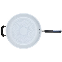 12.5-Inch frying pan made from recycled aluminum, featuring black handles and a geometric pattern inside for healthy cooking.