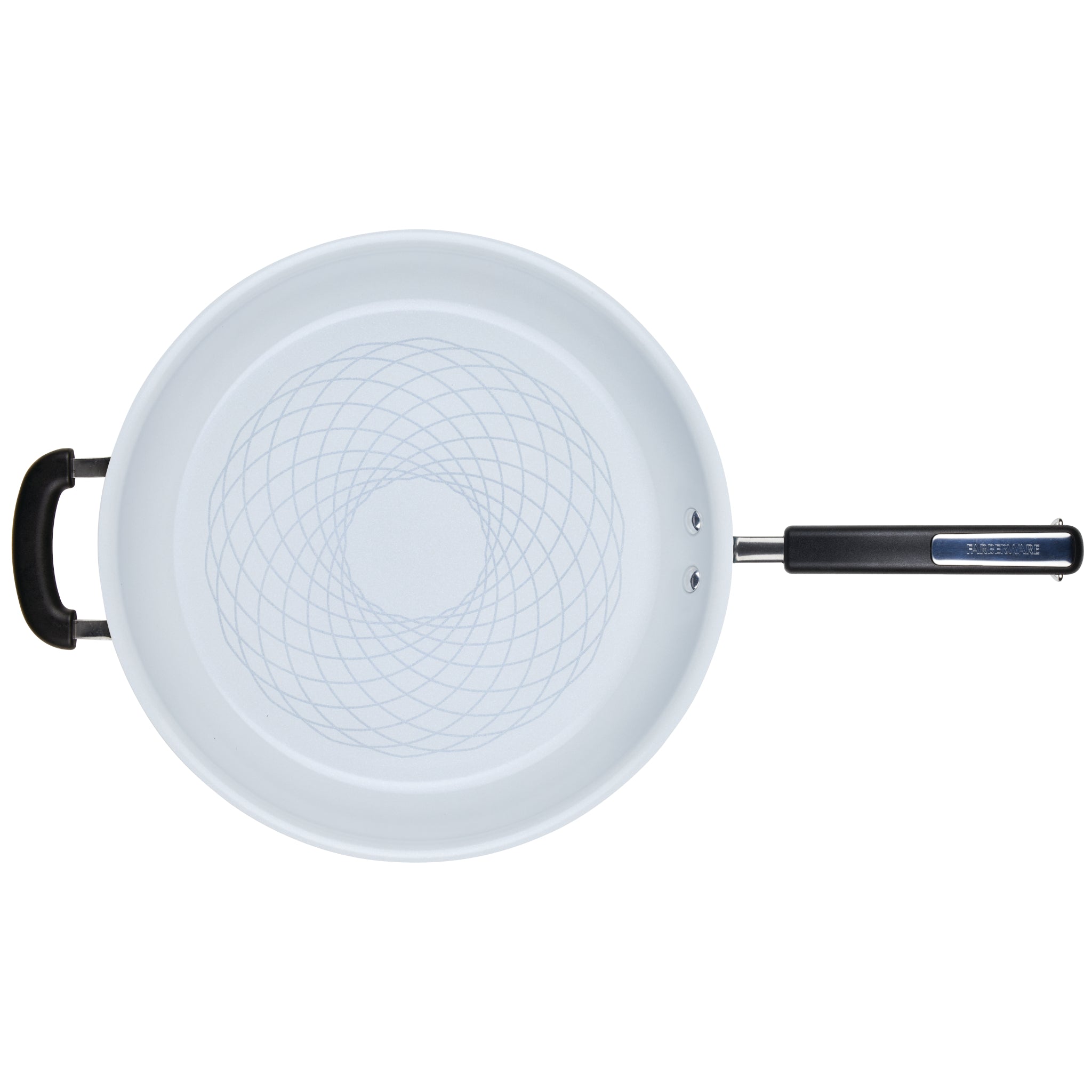 12.5-Inch frying pan made from recycled aluminum, featuring black handles and a geometric pattern inside for healthy cooking.