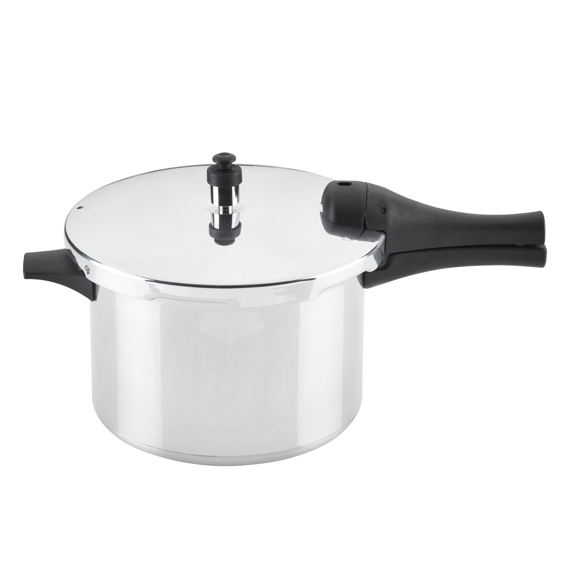 6-Quart Stovetop Pressure Cooker with black handles and a closed lid, featuring durable aluminum construction ideal for stovetop cooking.