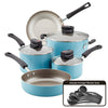 The Nonstick 14-Piece Pots and Pans Set by Farberware includes steam vent technology and nonstick surfaces across its blue cookware, comprising pots, pans, lids, and a spatula.