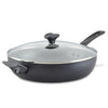 12.25-Inch Everything Pan with a power base and glass lid, featuring an even-heating surface and black handle, seen from the side.