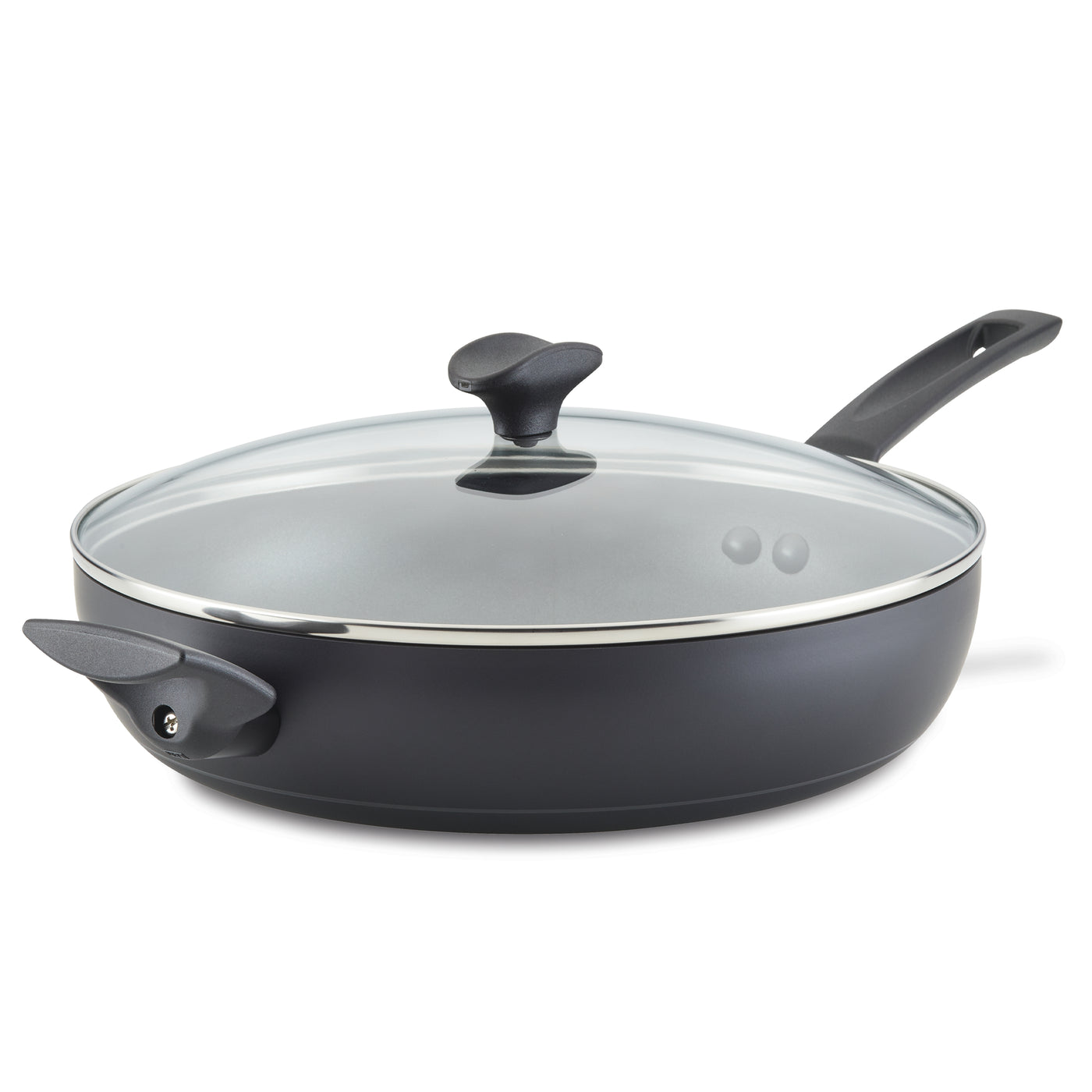 12.25-Inch Everything Pan with a power base and glass lid, featuring an even-heating surface and black handle, seen from the side.