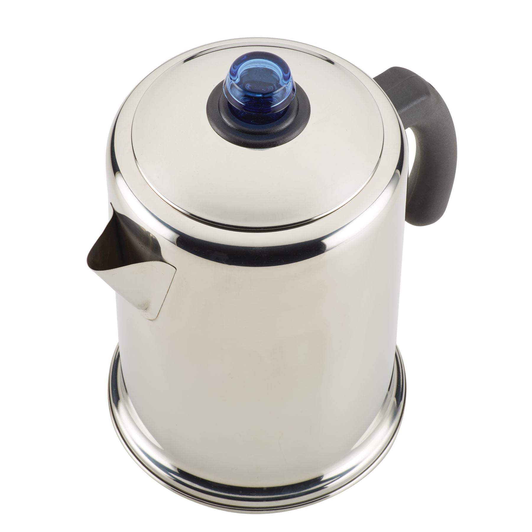 12-Cup Coffee Percolator with a black handle and a blue-topped lid, featuring a durable stainless steel design.
