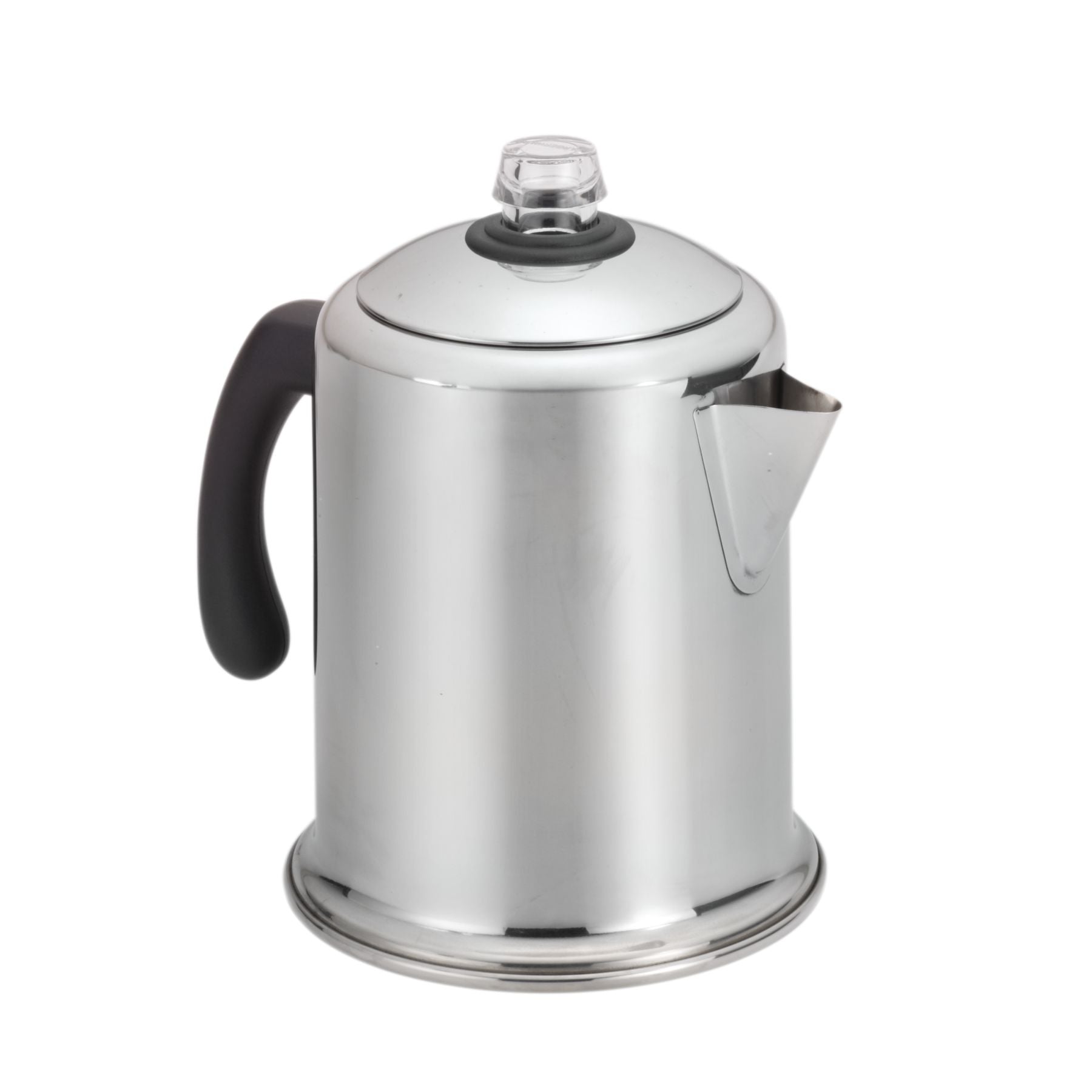 The Yosemite Percolator Coffee Maker is constructed from heavy-duty stainless steel and includes a black handle and spout. Its permanent filter basket guarantees an impeccable brew every time.