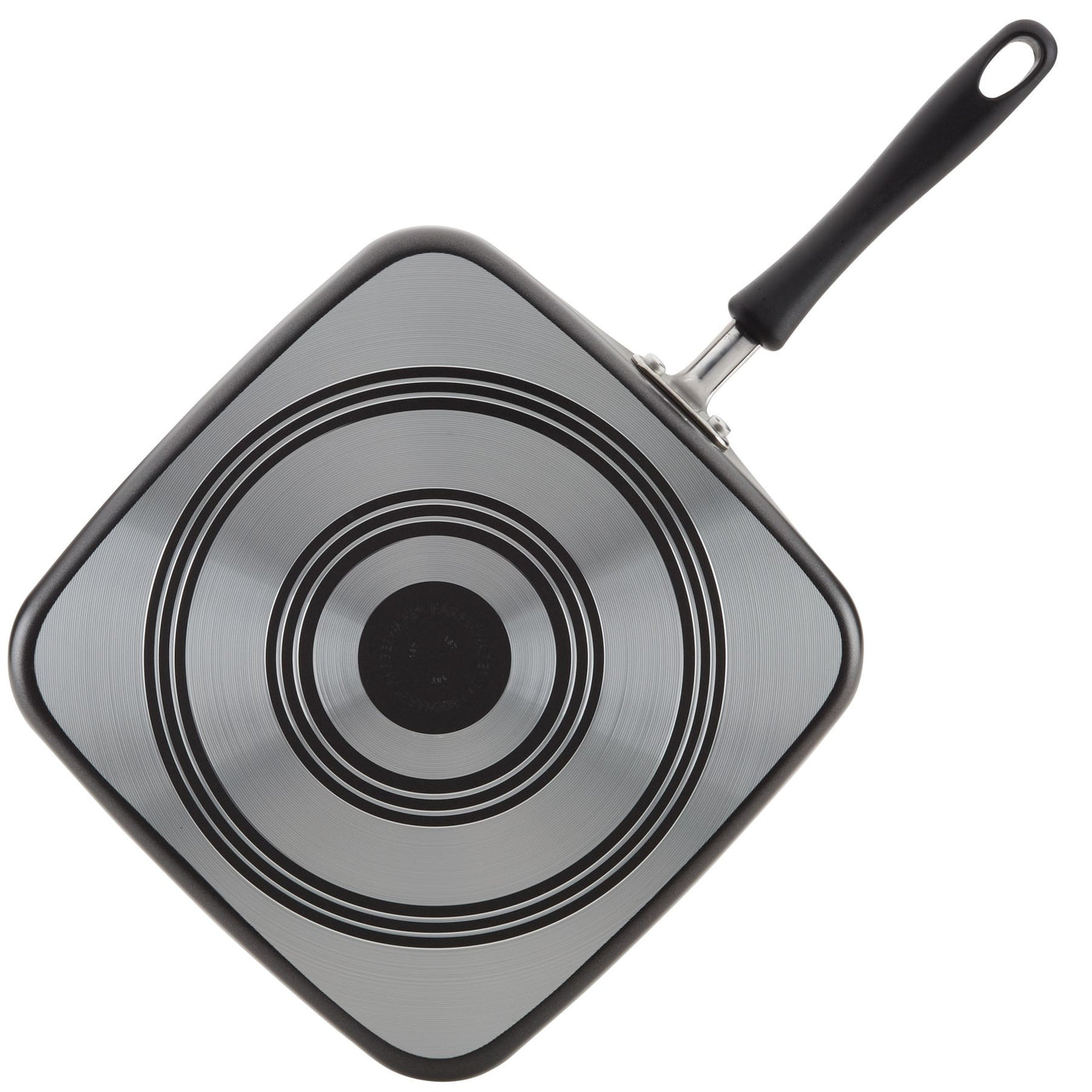 11-Inch Nonstick Square Griddle with a circular patterned bottom, featuring a black handle and DiamondMax nonstick coating for easy food release.