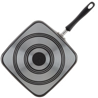 11-Inch Nonstick Square Griddle with a circular patterned bottom, featuring a black handle and DiamondMax nonstick coating for easy food release.