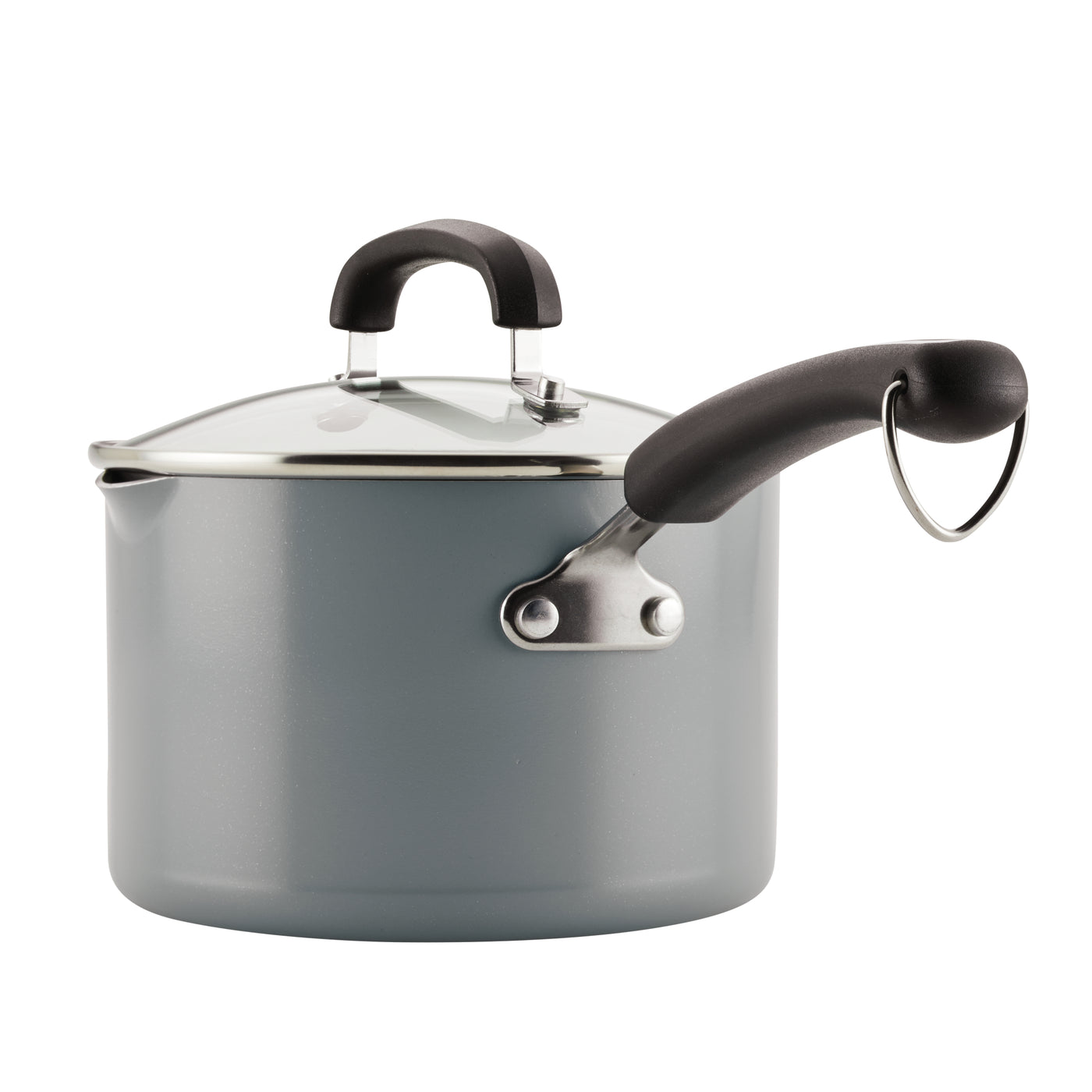 Introducing the 3-Quart Recycled Aluminum Nonstick Straining Saucepan, designed in an elegant gray shade with a black handle and a handy built-in strainer beneath the lid.