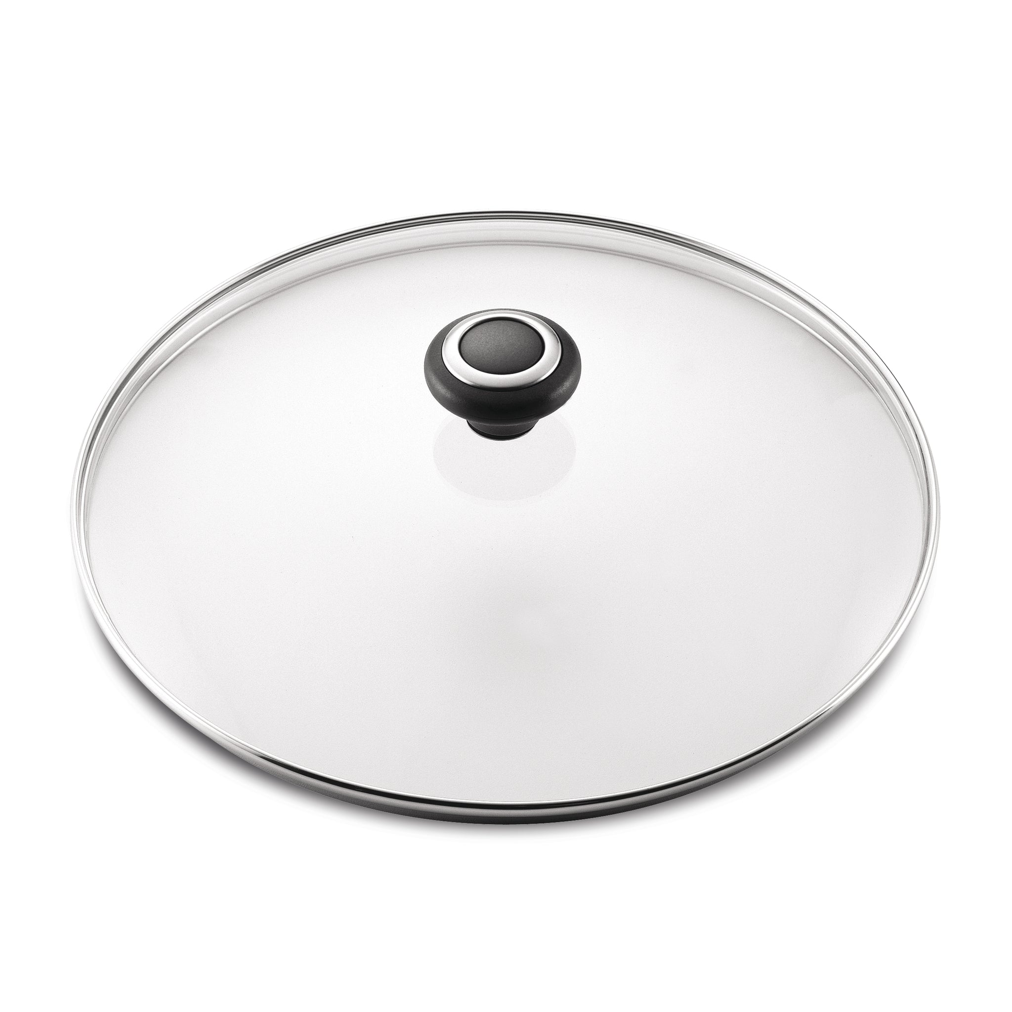 The Glass Replacement Lid by Farberware boasts a shatter-resistant design complete with a black handle, expertly engineered to lock in heat and flavor. Displayed against a white background, this robust lid guarantees that every dish turns out perfectly cooked.