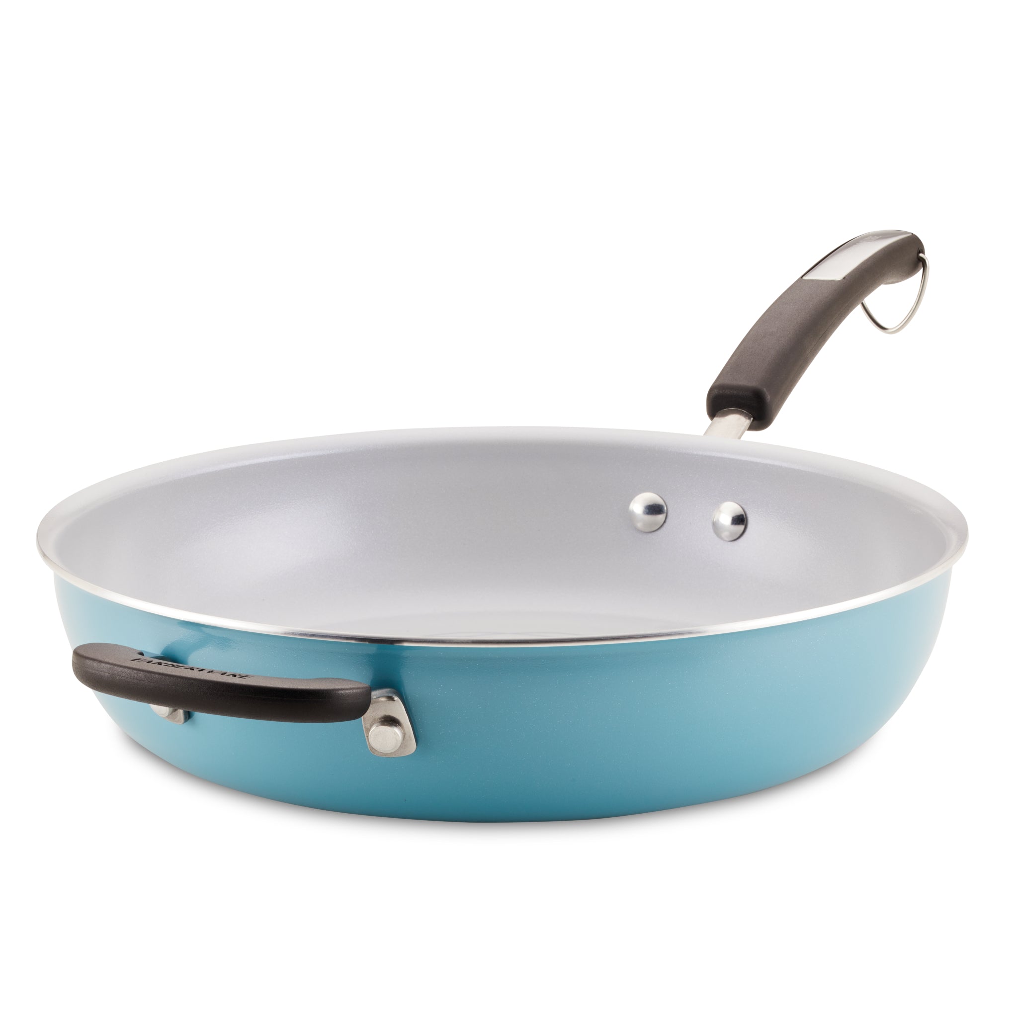 The 12.5-Inch Recycled Aluminum Ceramic Nonstick Deep Frying Pan in blue, featuring both a handle and a helper handle, provides healthier cooking on a white background.