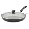 The 12-Inch Nonstick Frying Pan with Lid includes a sleek glass cover and a comfortable black handle, making it an ideal addition to any modern kitchen.