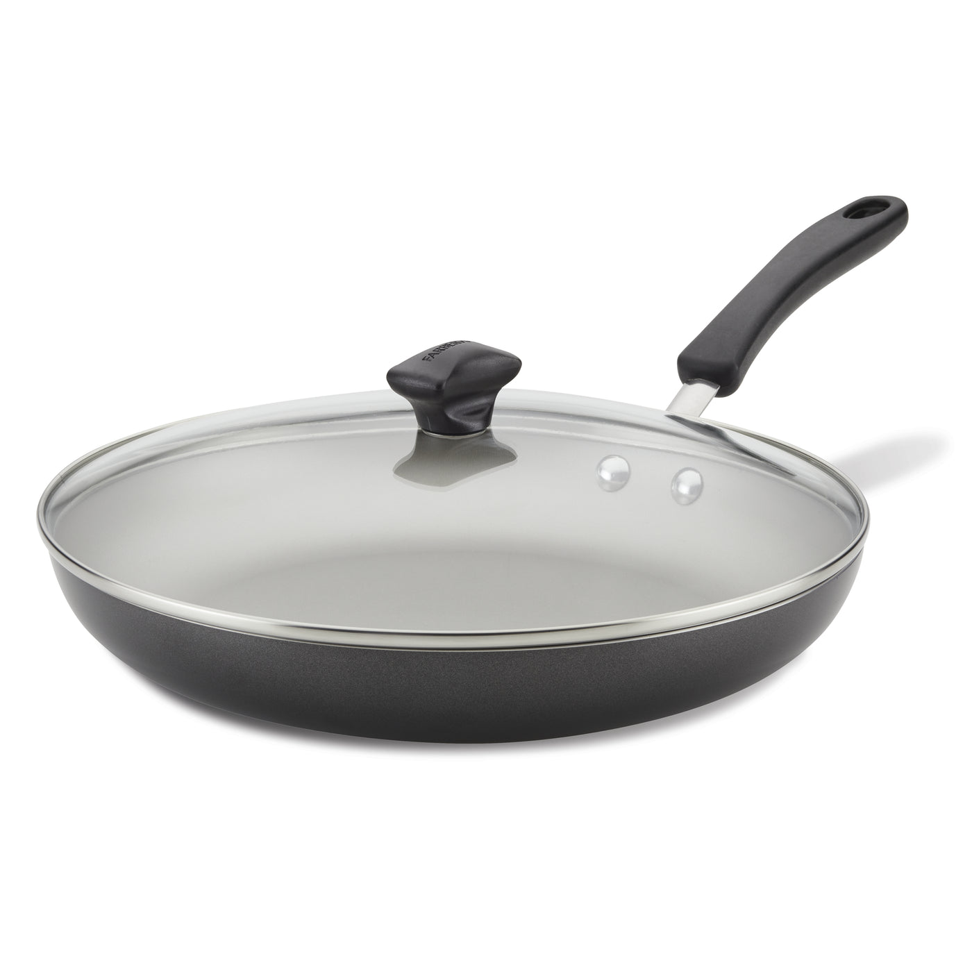 The 12-Inch Nonstick Frying Pan with Lid includes a sleek glass cover and a comfortable black handle, making it an ideal addition to any modern kitchen.