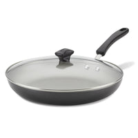 The 12-Inch Nonstick Frying Pan with Lid includes a sleek glass cover and a comfortable black handle, making it an ideal addition to any modern kitchen.