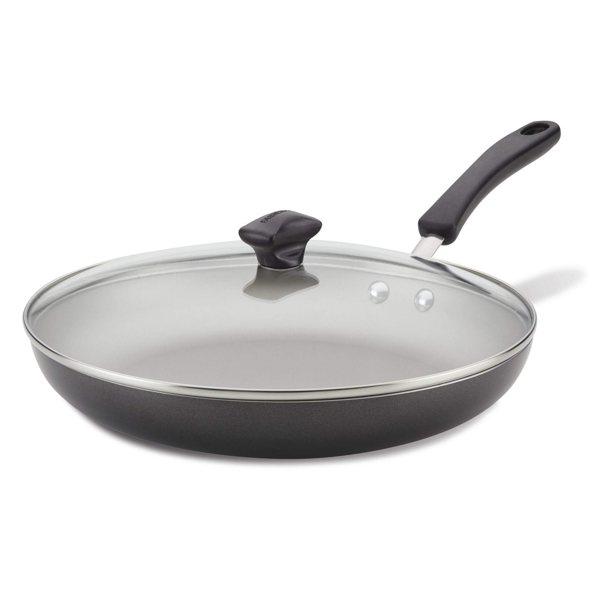 The 12-Inch Nonstick Frying Pan with Lid includes a sleek glass cover and a comfortable black handle, making it an ideal addition to any modern kitchen.