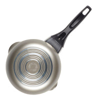 Bottom view of a nonstick saucepan with a black handle, highlighting its durable construction and straining lid.