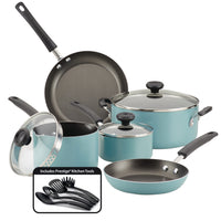 12 Piece Nonstick Cookware Set in light blue featuring a durable nonstick interior and black kitchen utensils, designed for effortless cleaning and efficiency in the kitchen.