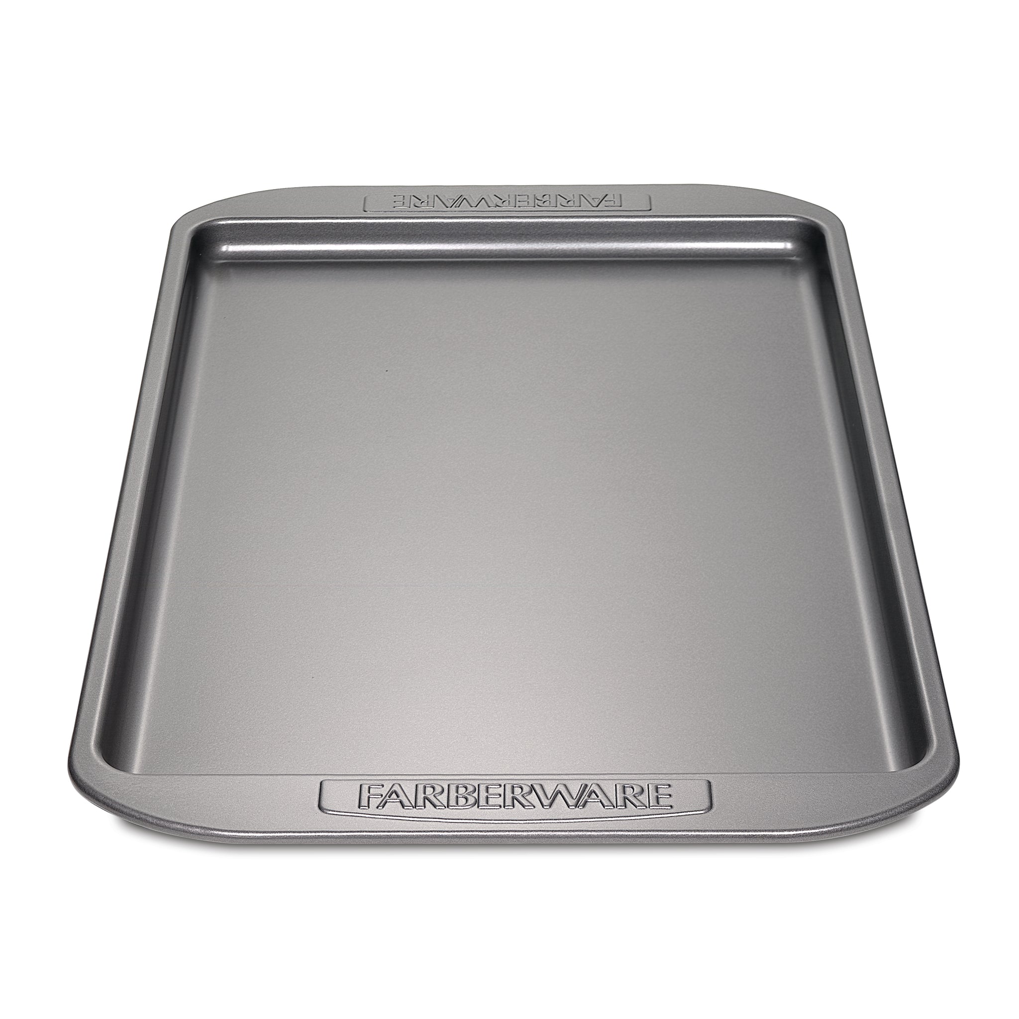 Cookie Pan with a gray metal finish and "Farberware" embossed on the edges, featuring a nonstick surface ideal for baking cookies.