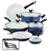 Introducing the 12-Piece Nonstick Cookware Set, a high-performance collection of durable blue and white pots and pans, complete with glass lids and black handles.