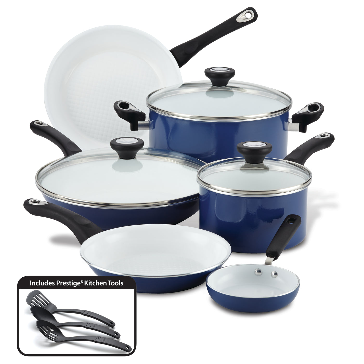 Introducing the 12-Piece Nonstick Cookware Set, a high-performance collection of durable blue and white pots and pans, complete with glass lids and black handles.