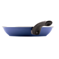A piece from the 12-Piece Nonstick Cookware Set, featuring a blue frying pan with a black handle against a white background, exemplifies high-performance kitchenware at its finest.