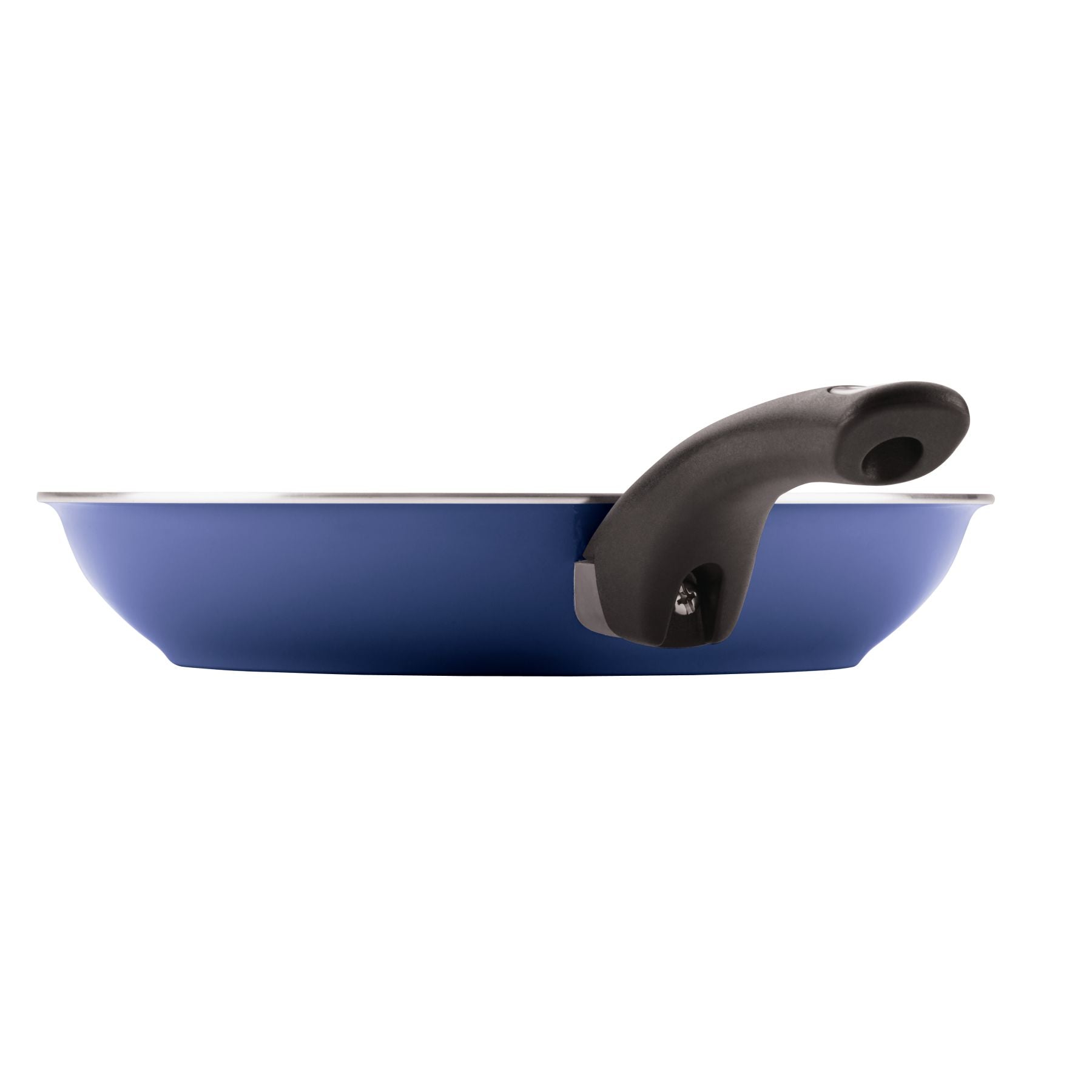 A piece from the 12-Piece Nonstick Cookware Set, featuring a blue frying pan with a black handle against a white background, exemplifies high-performance kitchenware at its finest.