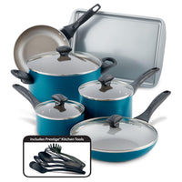 Explore our 15-Piece Nonstick Cookware Set, which includes premium aluminum pots, pans, lids, a baking sheet, and essential kitchen utensils.