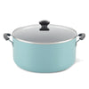 Introducing the 10.5-Quart Nonstick Stockpot: a teal cookware essential featuring a glass lid and black handles, ideal for preparing family-sized meals. This stockpot is also dishwasher safe, ensuring effortless cleanup.