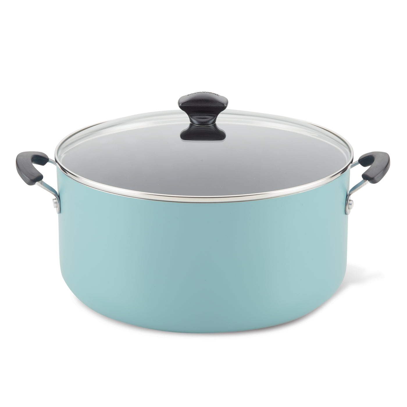Introducing the 10.5-Quart Nonstick Stockpot: a teal cookware essential featuring a glass lid and black handles, ideal for preparing family-sized meals. This stockpot is also dishwasher safe, ensuring effortless cleanup.