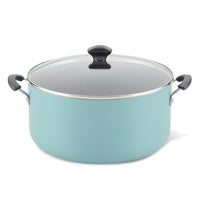 Introducing the 10.5-Quart Nonstick Stockpot: a teal cookware essential featuring a glass lid and black handles, ideal for preparing family-sized meals. This stockpot is also dishwasher safe, ensuring effortless cleanup.