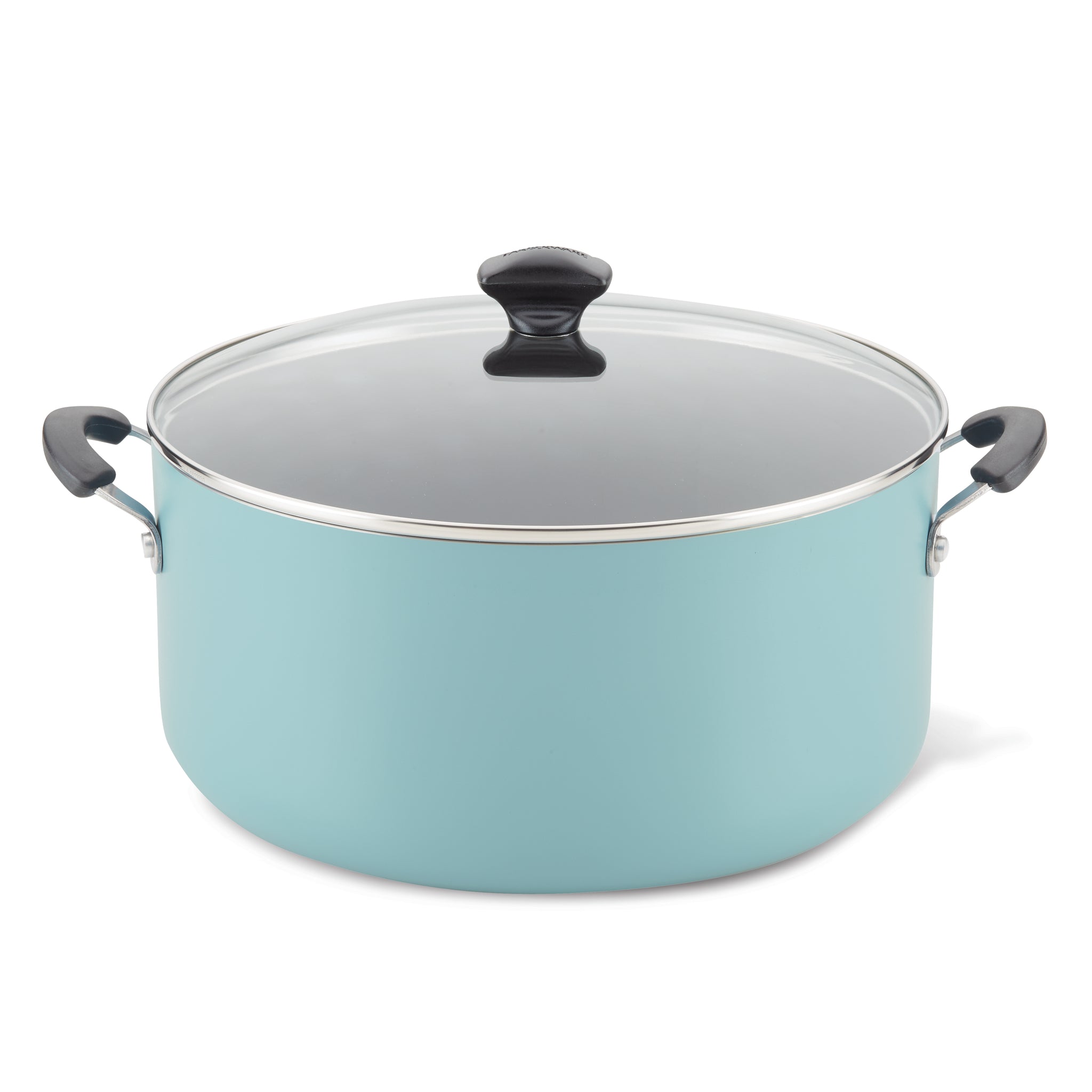 Introducing the 10.5-Quart Nonstick Stockpot: a teal cookware essential featuring a glass lid and black handles, ideal for preparing family-sized meals. This stockpot is also dishwasher safe, ensuring effortless cleanup.