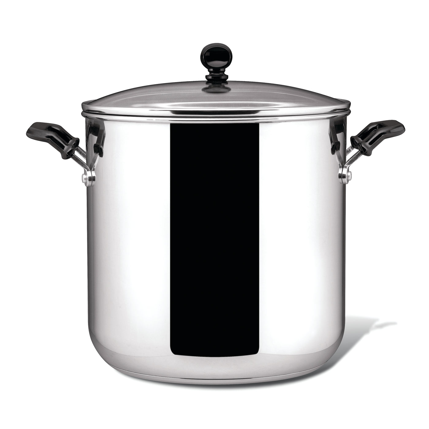 The Classic Series Stainless Steel 11-Qt. Stockpot with black handles and lid knob is crafted for long-lasting performance and durability, shown isolated on white.
