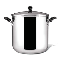 The Classic Series Stainless Steel 11-Qt. Stockpot with black handles and lid knob is crafted for long-lasting performance and durability, shown isolated on white.